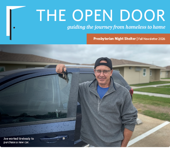 Cover of the Open Door newsletter. A man in a cap and sweatshirt stands by the open door of his car.